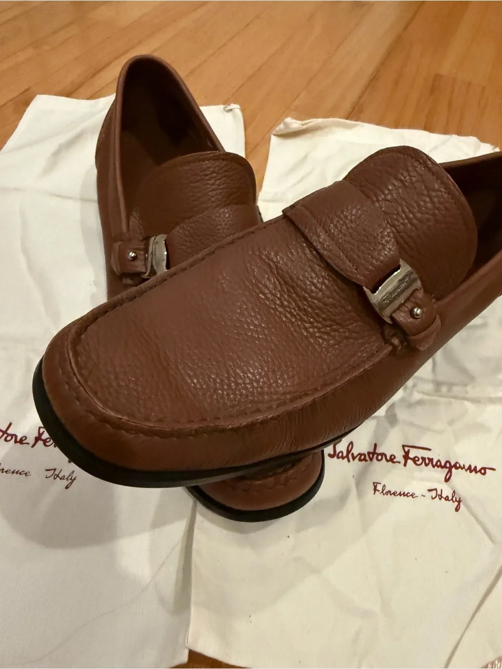Salvatore Ferragamo Chestnut Brown Pebbled Leather Bit Loafers